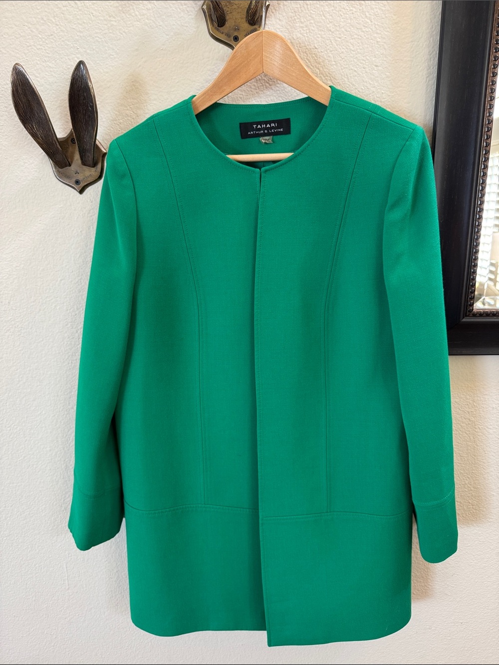 Tahari Green Long Collarless Blazer Duster Jacket